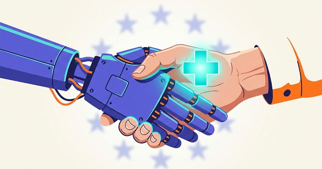 Illustratie: een robothand en een mensenhand schudden elkaar de hand met een gloeiend medisch kruis, EU-sterren op de achtergrond