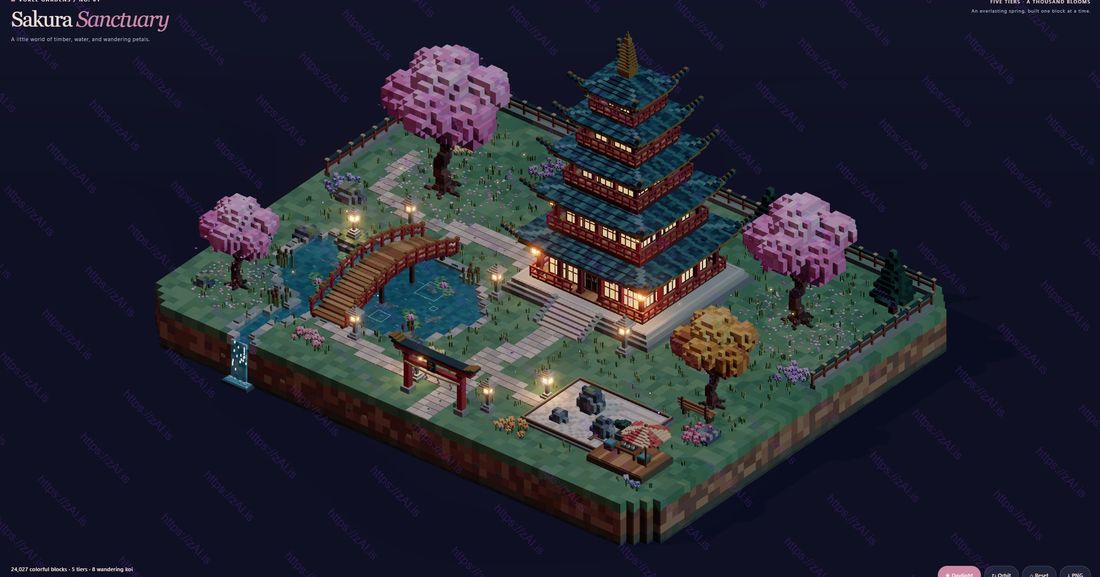 Voxel-nachttuin met pagode en kersenbloesem, gegenereerd door Astra