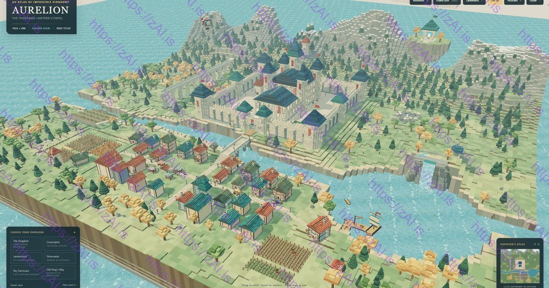 Uitgebreide voxel-stad met kasteel en havens