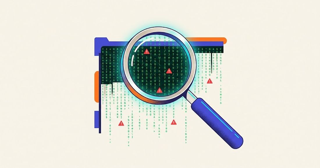 Illustratie: een vergrootglas boven groene computercode met rode waarschuwingen
