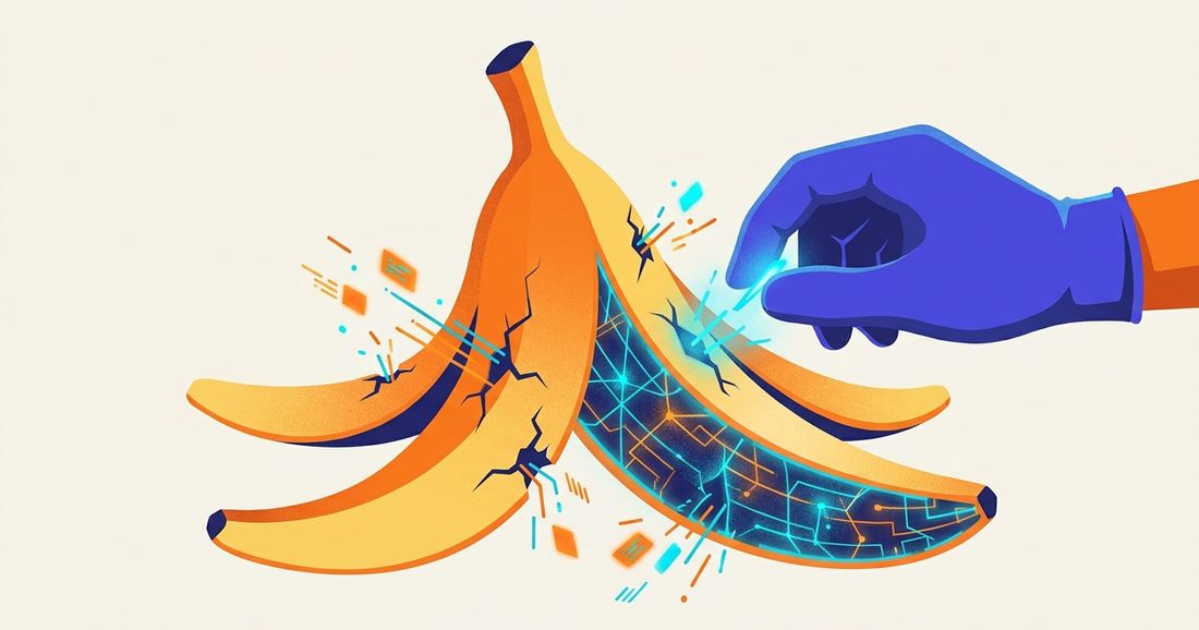 Illustratie: een gebarsten banaan die een gloeiende printplaat onthult