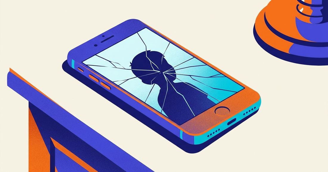 Illustratie: een gebarsten smartphone met het silhouet van een kind op het scherm, naast een rechterhamer
