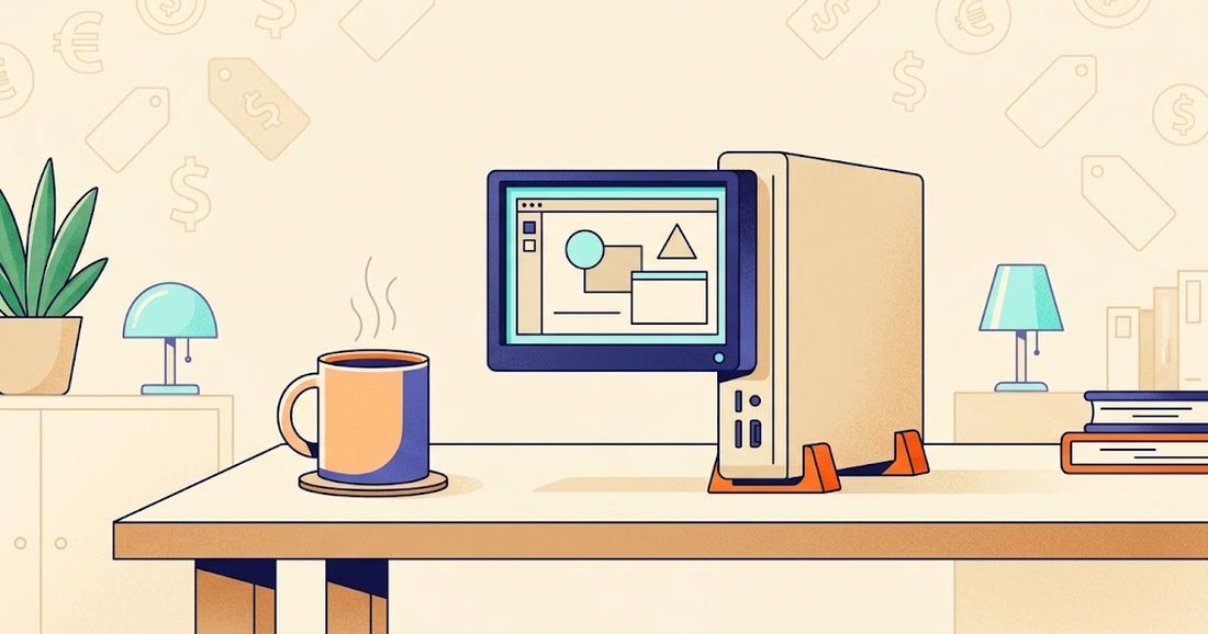 Illustratie: een compacte mini-pc op een bureau met koffie en prijslabels