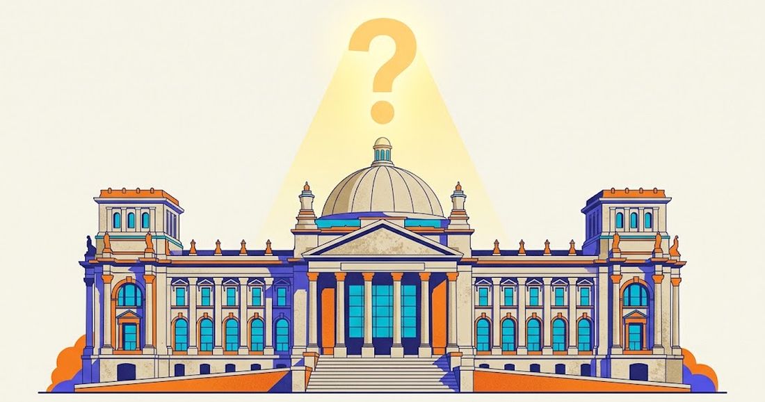 Illustratie: een klassiek overheidsgebouw met een groot gloeiend vraagteken erboven